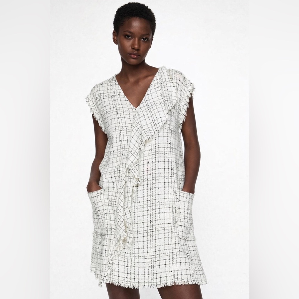 Zara Cream and Black Tweed Shift Dress